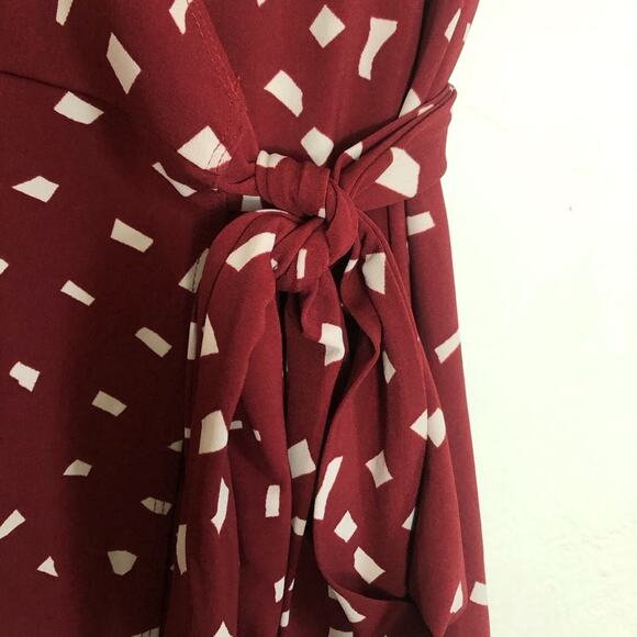 Moda International Burgundy Red White Polka Dots V-Neck Tie Open Wrap Dress - Picture 5 of 6